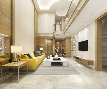 房间内阁3d提供现代餐厅和黄色客豪华装饰高天花板电视图片