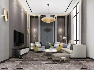 棕色的3d提供经典豪华客厅大休息室用吊灯和装饰地面家具背景图片