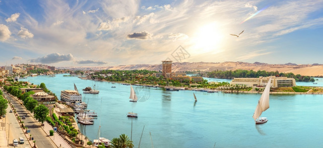 海岸游客美丽的尼罗河全景和有帆船的阿斯旺市埃及的美丽尼罗河全景和有帆船的阿苏纳市埃及天空背景图片