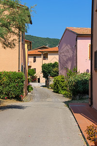外部的意大利厄尔巴岛风景如画的小镇马尔恰纳码头狭窄的街道爬坡松树图片
