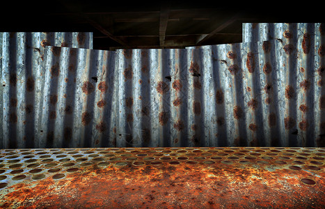损坏的城市混为一堵墙生锈卷纹铁板叠以形成墙的抽象背景图铝图片