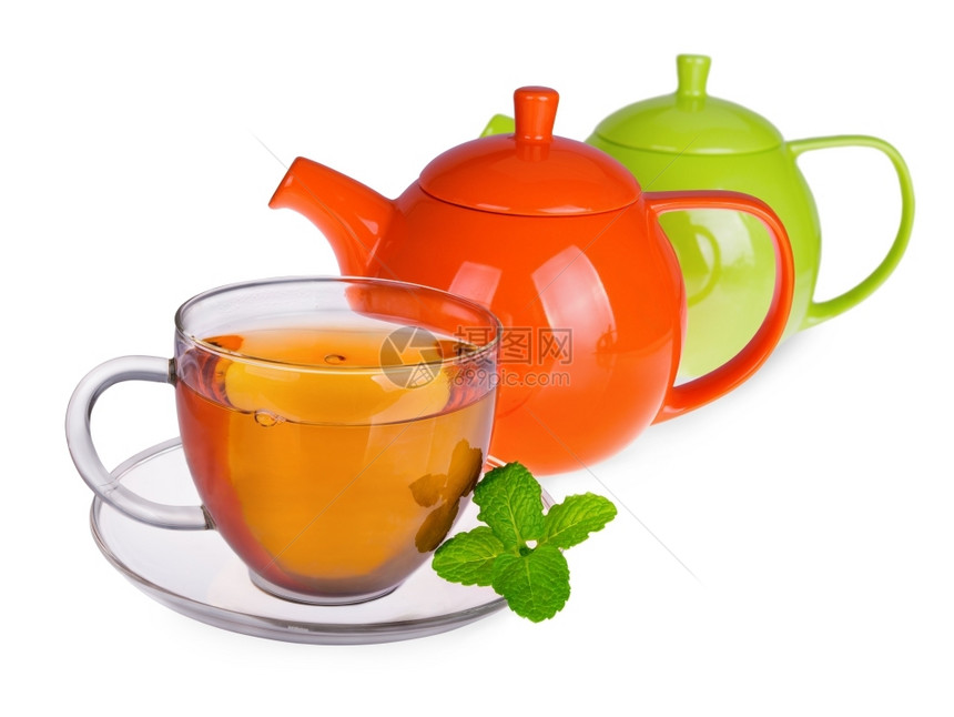 茶点复习英语一杯茶有薄荷叶和两个茶壶白底孤立的茶壶图片