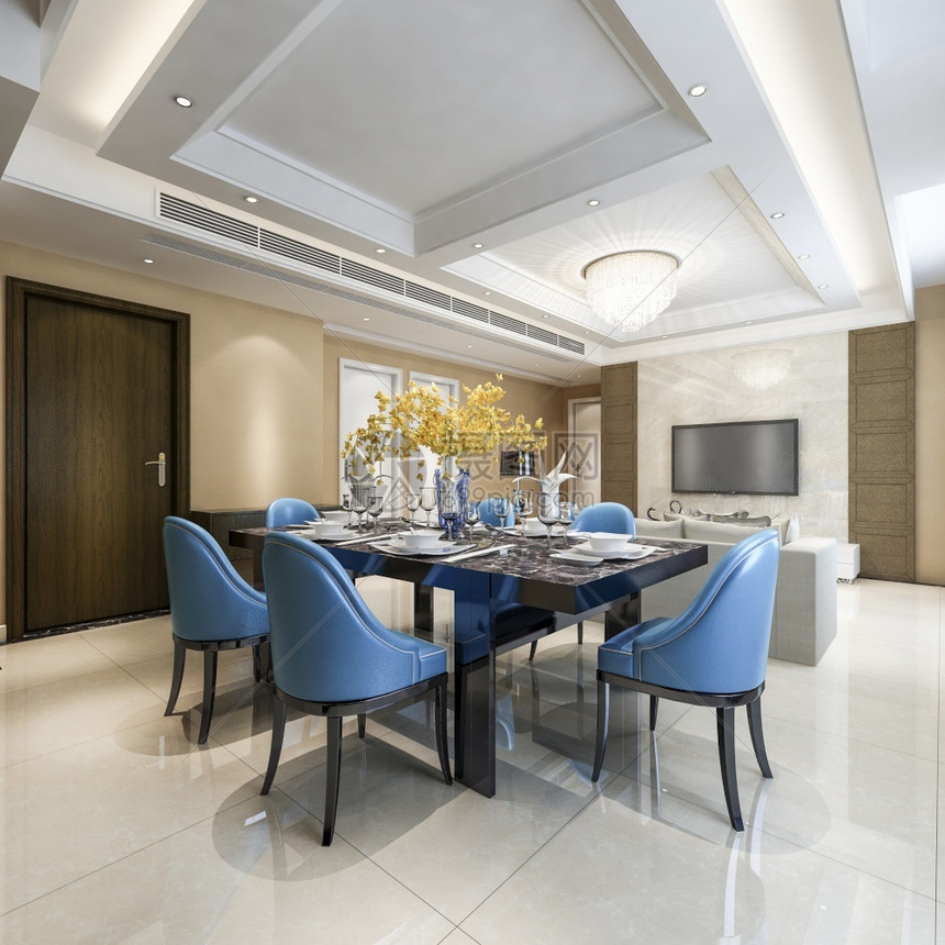 3d在客厅附近配有豪华装饰的现代蓝色餐椅奢华大堂灯图片