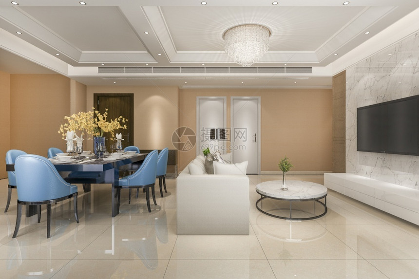 3d在客厅附近配有豪华装饰的现代蓝色餐椅家内阁房间图片