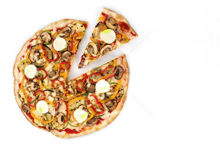 调味料香菇蔬菜披萨顶端视图有切片上面是白色背景的蘑菇和莫扎里拉及其成份番茄图片