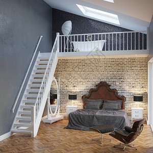 优雅阁楼式配有楼梯和贵重家具的大型卧室内部的寝具扶手椅背景