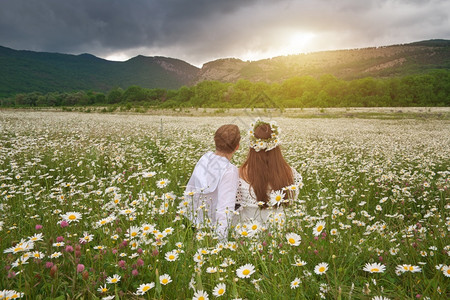 太阳在甘菊草地上的一对可爱情侣自然和浪漫的场景山感图片
