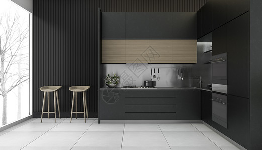 黑色和浅褐色鸭3d提供现代深木厨房和冬季风景最小的建筑学地面设计图片