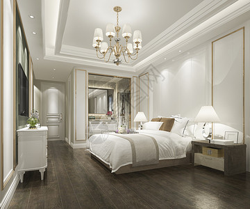 活的3d提供美丽的豪华卧室套房在酒店与电视灯住宅图片