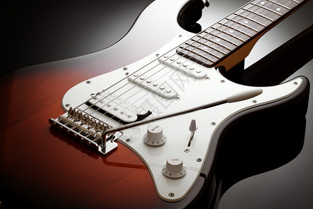 线圈控制红色的紧贴在优雅电吉他身上加日落黑色光彩背景的蓝弹底图片