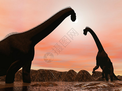 诺登斯科尔德湖史前形象的白垩纪两只恐龙在山边的水面上由日落时的木兰恐龙和日落时的3D转化而成设计图片