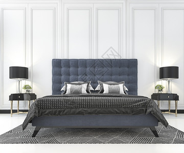 优质的3D在古典卧室用植物制成的蓝色经典床位复古的柔软图片