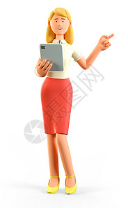 小女人演示商业笔记本3D说明利用社交网络和在办公室申请中工作微笑着有吸引力的女商人卡通持平板牌并用手指向方的漂亮金发美女站立设计图片