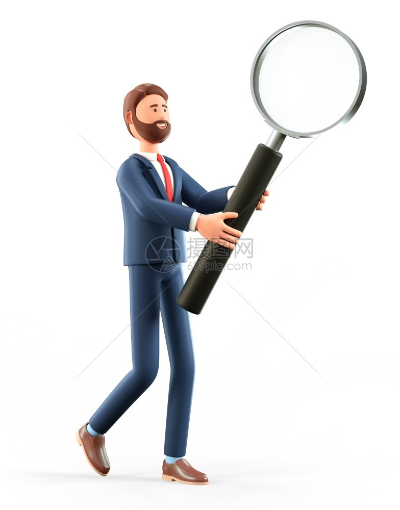 启动知识审问3D插图可爱笑的男人拿着巨型放大镜和寻找信息Cartoon留胡子的探险商人孤立于白背景调查概念之外Cartoon用白图片