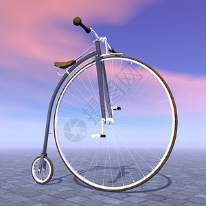放屁怀旧维多利亚时代经典的街上一个大前轮日落背景Penny远足自行车3D制成的三维式设计图片