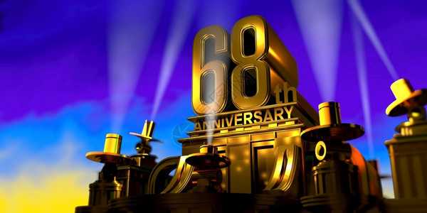68届全明星赛天空一种行业68周年纪念日在一座大型金色仿古风格建筑上由6盏泛光灯照亮在日落时蓝天上发出白光3D插图设计图片