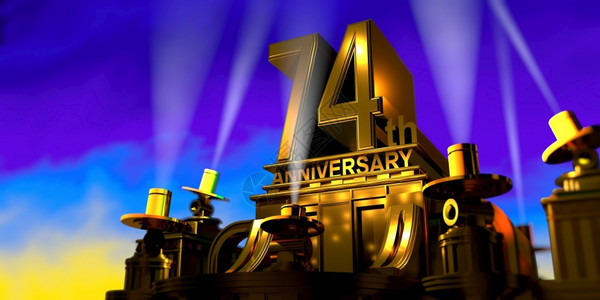 6大功效假期74周年纪念日在一座大型金色仿古风格建筑上由6盏泛光灯照亮在日落时蓝天上发出白光3D插图优质的第74届设计图片