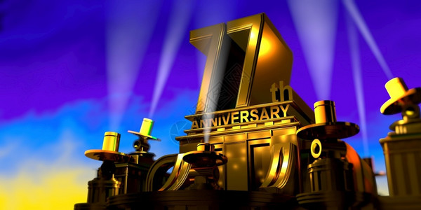 77音乐会7周年纪念日在一座大型金色仿古风格建筑上由6盏泛光灯照亮在日落时蓝天上发出白光3D插图夜晚蓝色的设计图片