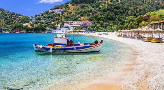萨莫斯坦萨莫斯岛美丽的希腊景色海滩美丽的利姆尼奥纳斯希腊夏日周假期天堂柠檬草背景