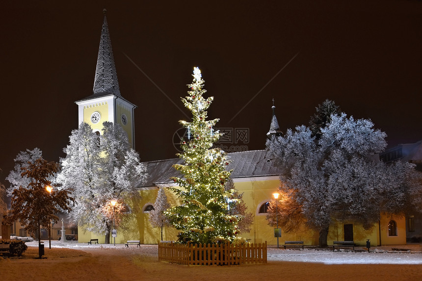 城市美丽的冬夜照片圣诞树和教堂与雪晚上圣诞节的时候图片
