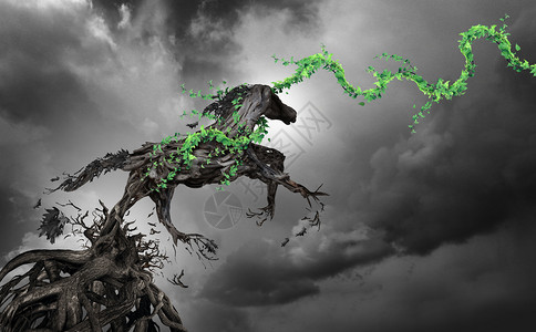 树与根解开束缚制作出去将权力和动机概念视为一种超现实的马它由根自制成在3D插图风格中作为高原希望象征设计图片