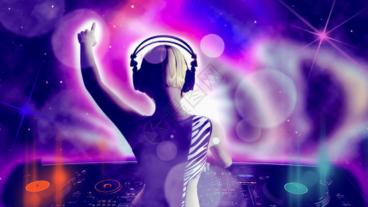 尊巴舞女郎派对舞蹈家年轻金发女士Dj在桌子上玩音乐DJ搅拌器3D让年轻的金发女士DJ在演奏音乐3D声的设计图片