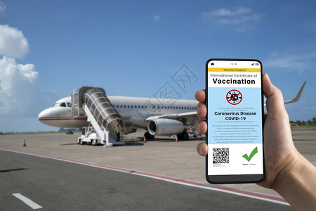 游客手拿疫苗通行证和护照登机图片