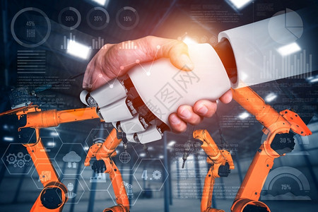 普工招聘想象未来派机械化工业器人与类工在未来厂中协同作业革命和自动化制造过程的人工智能概念机械化工业器人和类工在未来厂中协同作生长设计图片