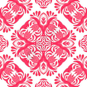 粉色和白手绘画的瓷砖无缝装饰水彩色油漆颜图案Pink陶瓷砖元素与装饰花朵没有缝合的手工制式水样色彩粉红和白以及带有植物元素的白色背景图片