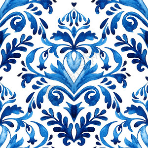 蓝色漩涡式图案水彩蓝色花卉设计ikat地中海风格无缝图案波斯花丝背景用于织物和陶瓷的锦缎油漆砖图案用于织物和壁纸的锦缎地中海曼陀罗花蓝色的重复背景