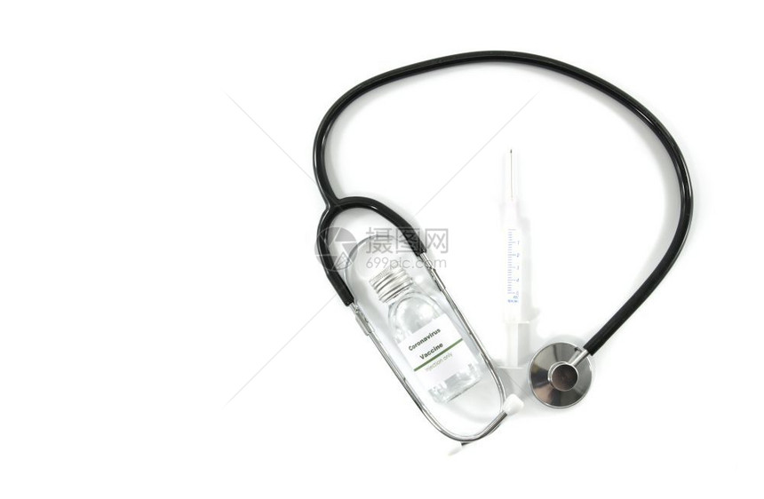 使用注射针筒的科罗纳疫苗小瓶隔离白底旁听诊器实验室疾病生的图片