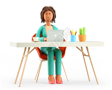 咖啡女现代的行政人员黑色3D脱落于白色工作场所概念上的在现代办公室桌上工作的美籍快乐微笑女Cartoon高雅女商人或使用笔记本电脑自由设计图片