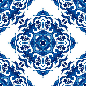 土耳其阿祖莱霍华丽无缝地中海瓷砖背景无缝型陶瓷设计葡萄牙陶瓷砖设计启发了无缝蓝色花岗水彩瓷砖和织物设计小插图背景图片