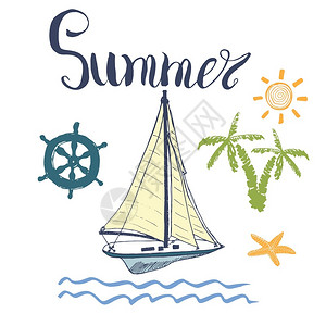 轮廓徽夏季矢量图游艇锚海军物品和刻字夏季矢量图海军物品和刻字报图片