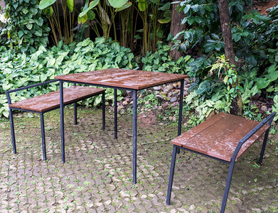 桌椅子用于在植物园休息的砖地板上金属架桌和座椅露台阳地面背景