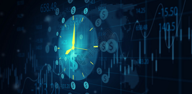 按时服药时间是货币商业金融思想投资和按时交易概念TimesNationsName时钟与美元图标在商业金融证券交易所屏幕显示中的亮点展兴趣设计图片