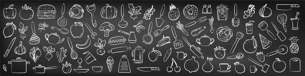豆画刀卷心菜绘制厨房用具水果和蔬菜胡椒菠萝石榴和汉堡粉黑纸盒食用餐具套件苤背景