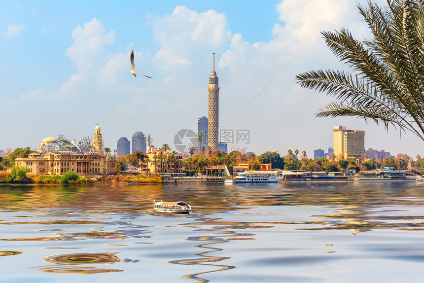 城市中央埃及尼罗河地区盖济拉岛开罗塔的视图现代图片