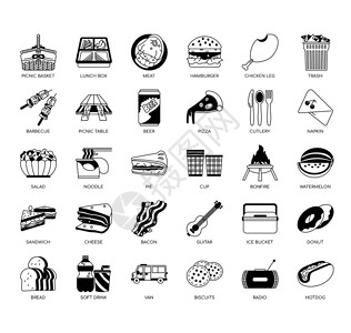 一组食物及生活用品的黑白图标图片