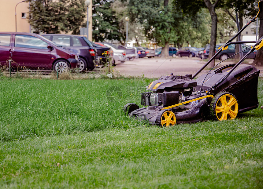 现场割草机特写工人在地上割草照料花园使用汽油割草机工人在地上割草使用汽油机本植物工具为了图片