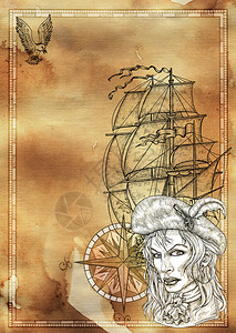 血管航海的报与水手用古老的风格工绘画雕刻的航海图示图片