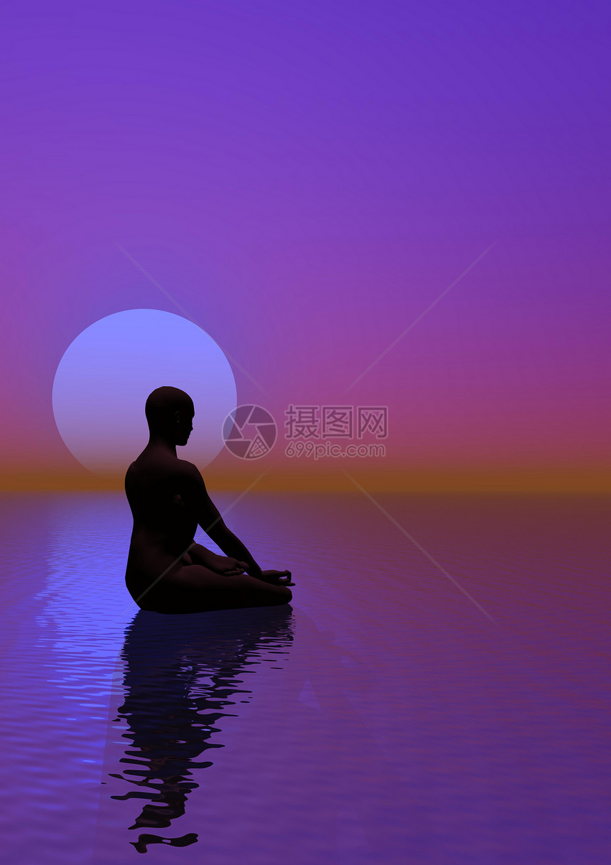 打坐宗教健康人类用美丽的紫罗兰背景光照着月亮旁的海洋冥想图片