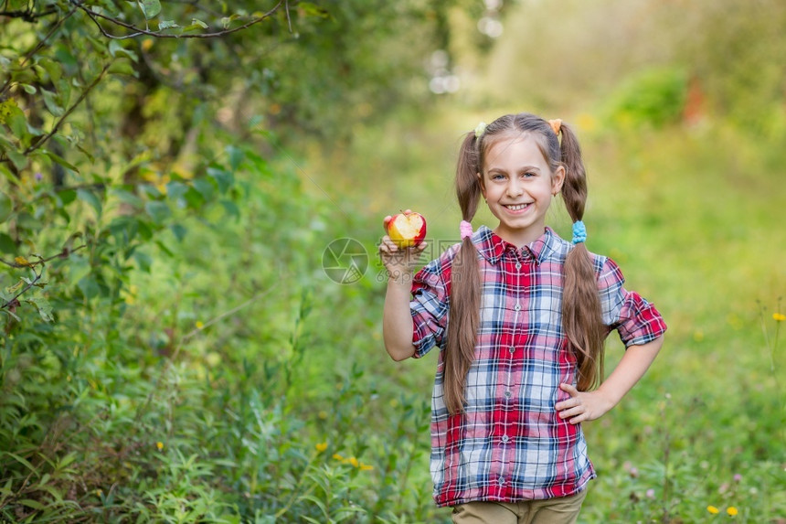 篮子收集一个可爱的女孩在农场花园里吃苹果的画像秋天苹果收获一个可爱的女孩在农场花园里吃苹果的画像园图片