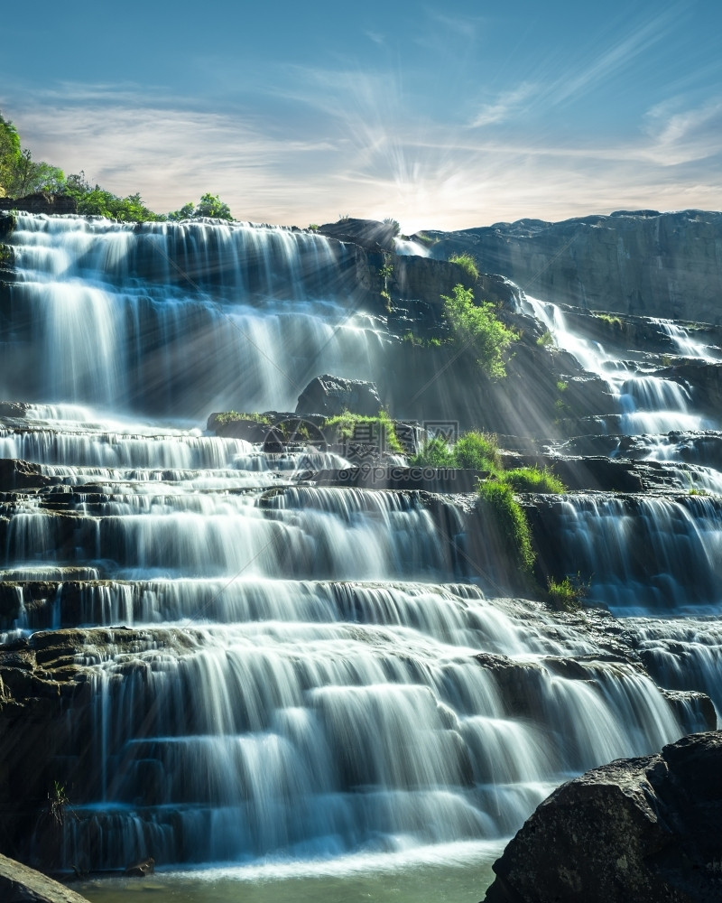 墙纸瀑布热带雨林风景与潮流的蓝水在阳光明媚的日落越南大莱天下旅行图片