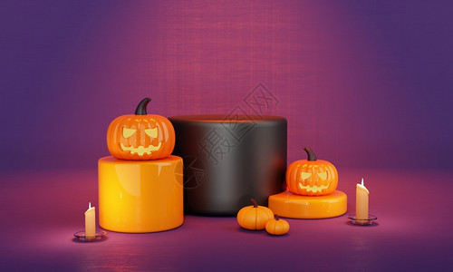 鬼步舞紫色万日橙色和紫南瓜产品讲台舞和奇幻烛光用于空旷广告背景假日和季节概念以及有趣的主题3D插图邪恶的夜晚设计图片