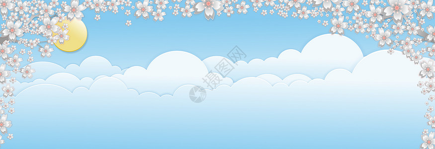 白癜风色斑景观甜的边界蓝色天空上的纸质樱花色斑点蓝面有云彩或夏背景的横幅为矢量插图显示天线设计图片