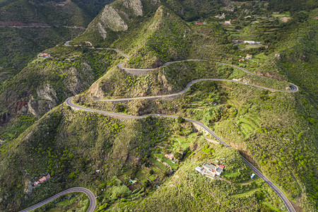 最佳小路国民沿着一座大山途绕行的道路空中景象图片