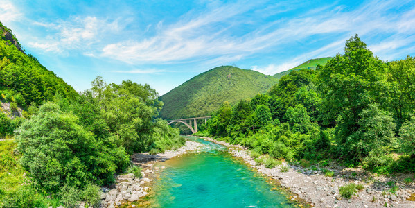 建造桥水黑山区的Tara河在阳光明媚的暑夏日山脉中的Tara河背景图片