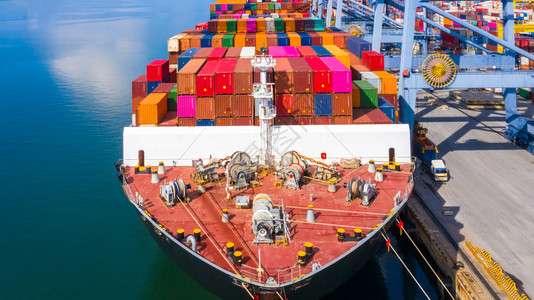中国进出口商品交易起重机集装箱船在工业港口运载集装箱在公海船进出口业务物流和国际运输中航工业的背景