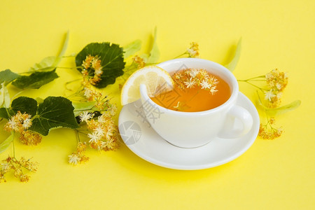 茶碗花芳香林地氟化烃草药茶高角度的视文字空间黄背景林地氟化烃图片